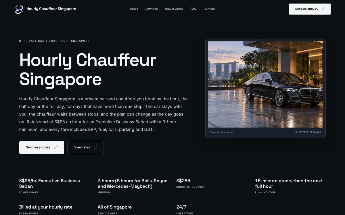 Hourly Chauffeur Singapore homepage, captured 26 October 2026