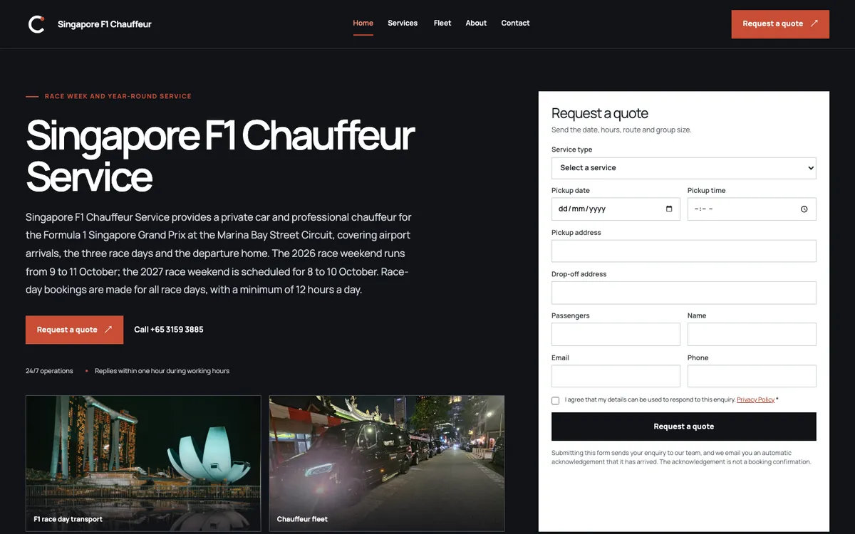 Singapore F1 Chauffeur homepage, captured 26 October 2026